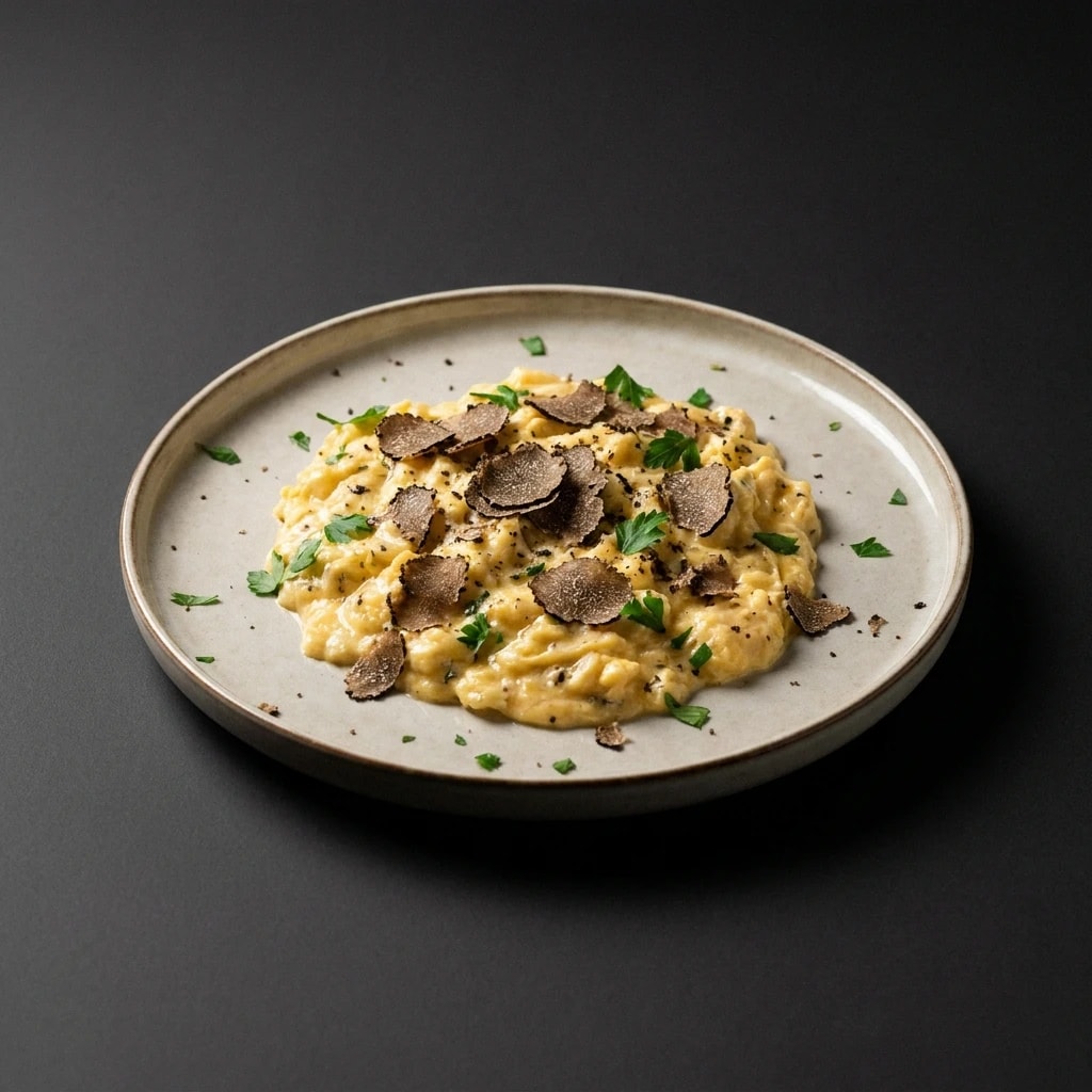 Uova di Arianna bio farm strapazzate con tartufo nero di Acqualagna