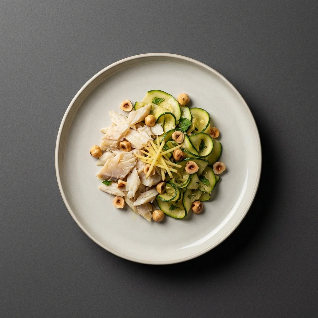 Insalata tiepida di baccalà*, zucchine alla scapece, nocciole, zenzero